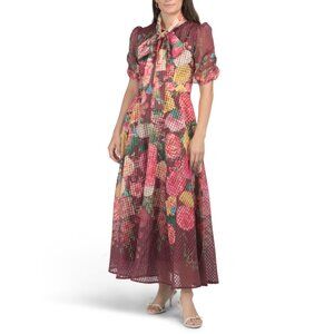 DALIA MACPHEE Wine Long Sleeve Tie Neck Floral Maxi Dress